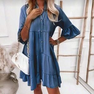 Blue Tiered Button Dress